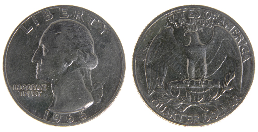 The obverse and reverse side of a 1966 quarter.